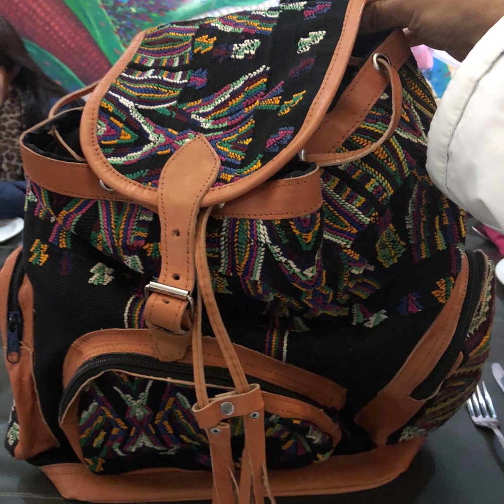 leather backpack and cross stitch handmade and new